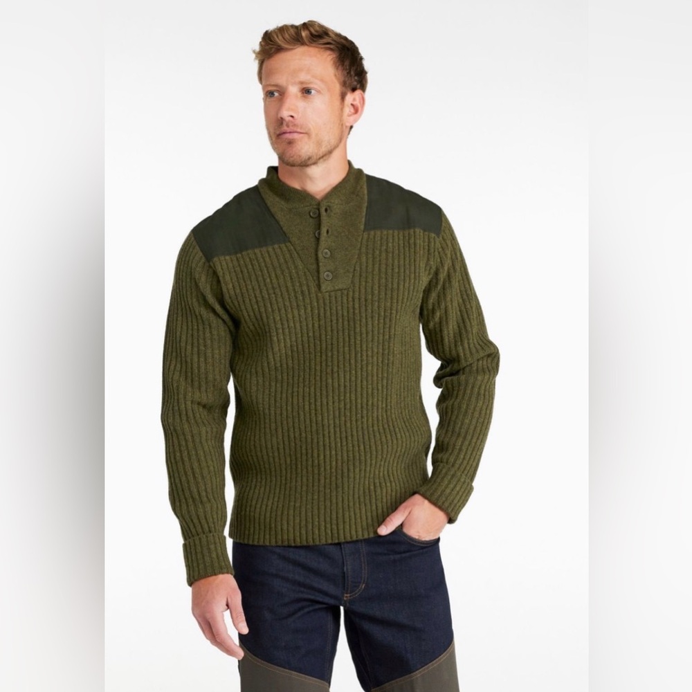 NWT L.L. Bean Commando Black Henley 100% LambsWool Sweater Mens Sz L Reg